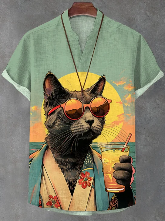 Men's Ukiyo-e Sunset Kimono Cat Vacation Art Print V Neck T-Shirt