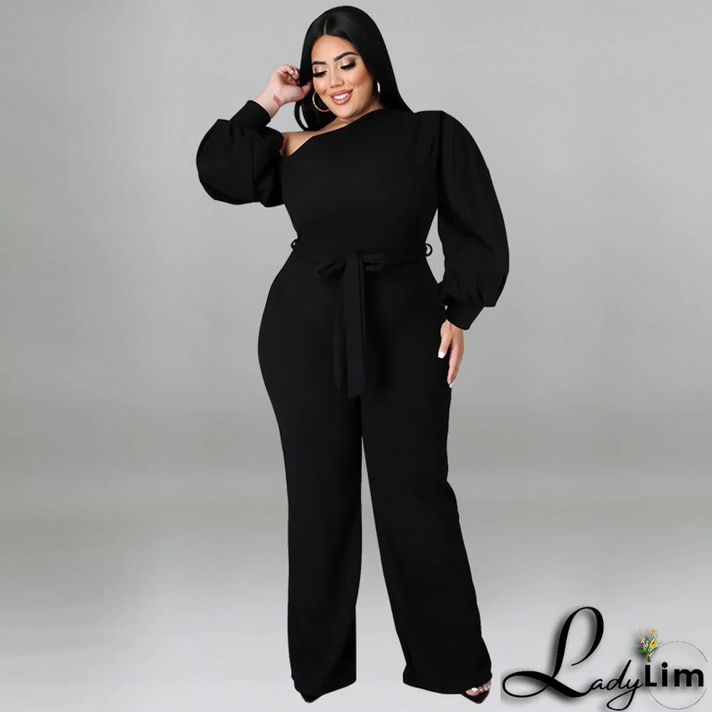 Plus Size Women Solid Balloon Sleeve Slash Shoulder Belted Jumpsuit