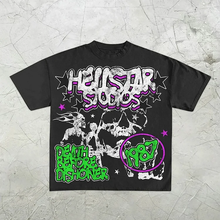 Sopula Retro HellStar Skull Graffiti Graphic Print T-Shirt