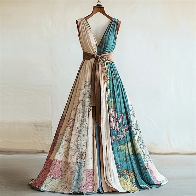 Simpfit Maxikleid Nachahmung aus Baumwolle und Leinen mit Patchwork und Vintage-Landkarte