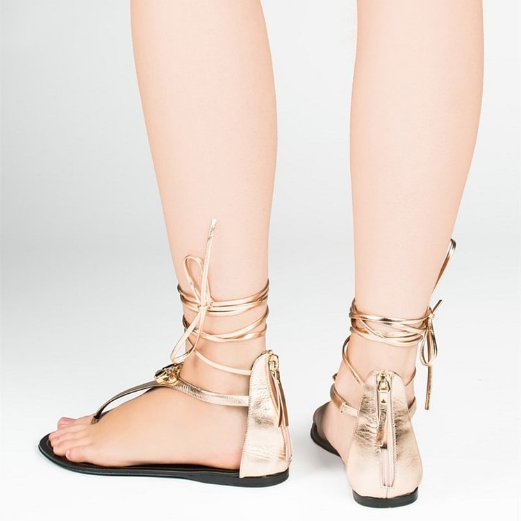 Gold Metallic Strappy Sandals Comfortable Flats |FSJ Shoes