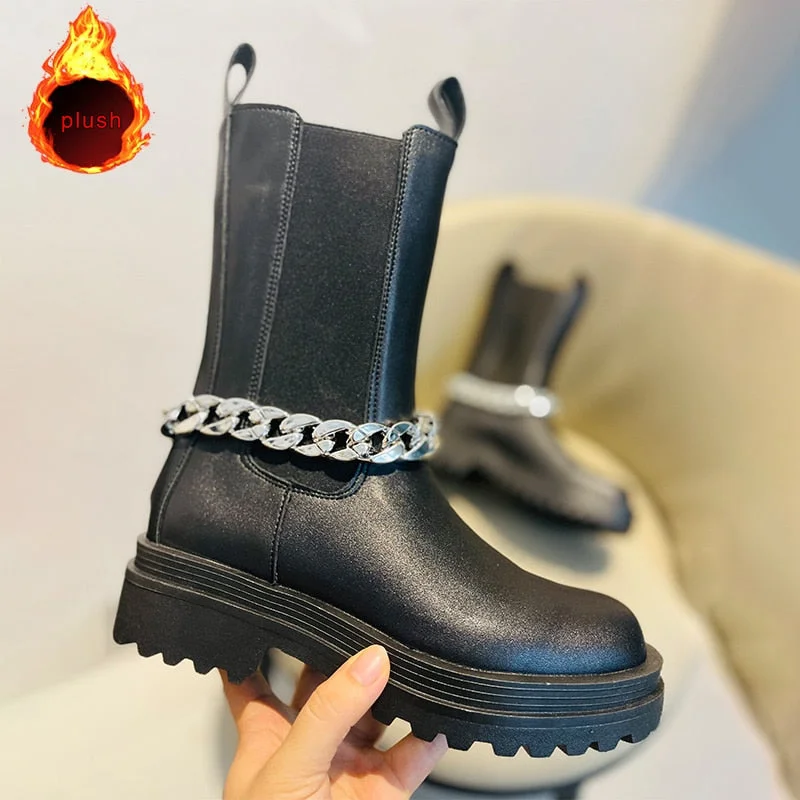 Women's Short Boots Black Removable Metal Chain Fashion Woman Ankle Boot Shoes Leather Platform Luxury Chelsea Boot Winter 2021