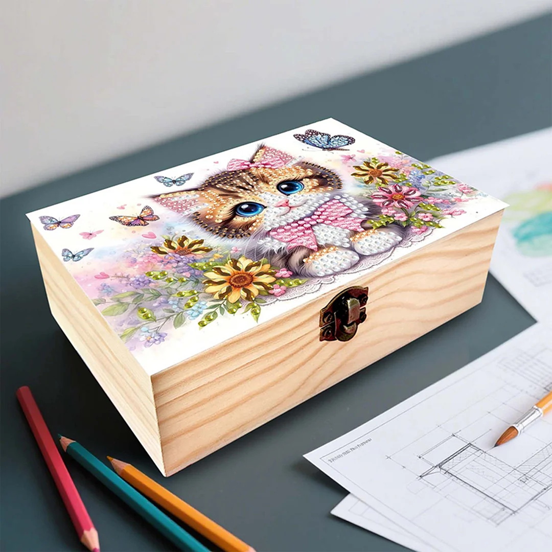 5D DIY Diamond Painting Handmade Wood Storage Box for Home Decor Craft (Cat)