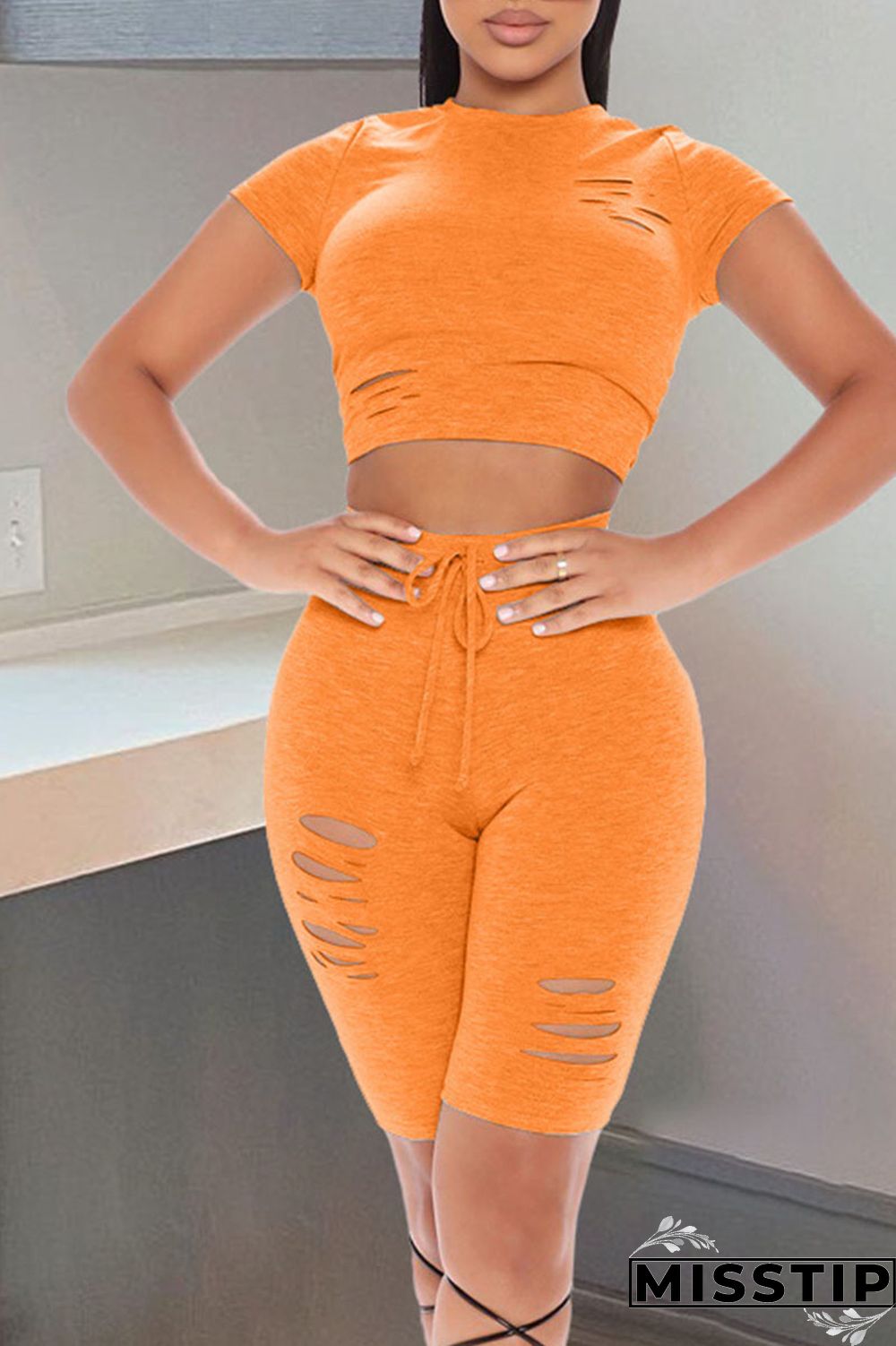 Black Casual Solid Ripped Patchwork O Neck Short Sleeve Two Pieces