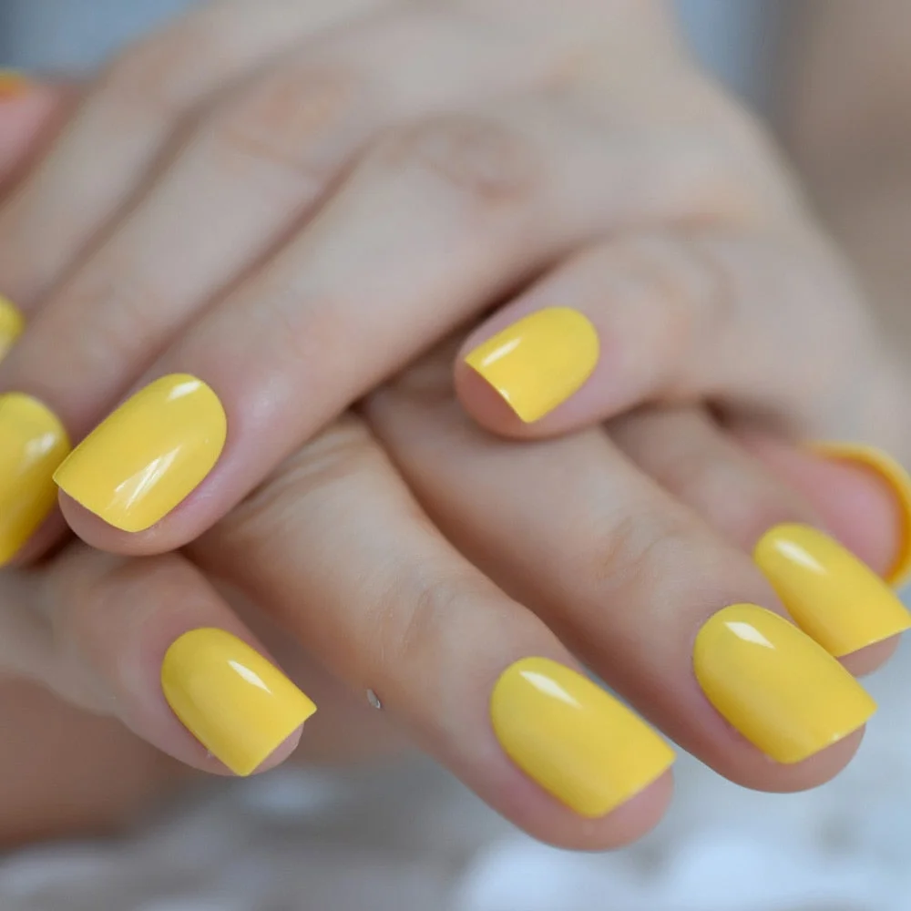 Neon Yellow Tip Short Petie Press On Nails Squoval Glossy Solid Fake Nails Square Head Color Tips for Daily Wear 24