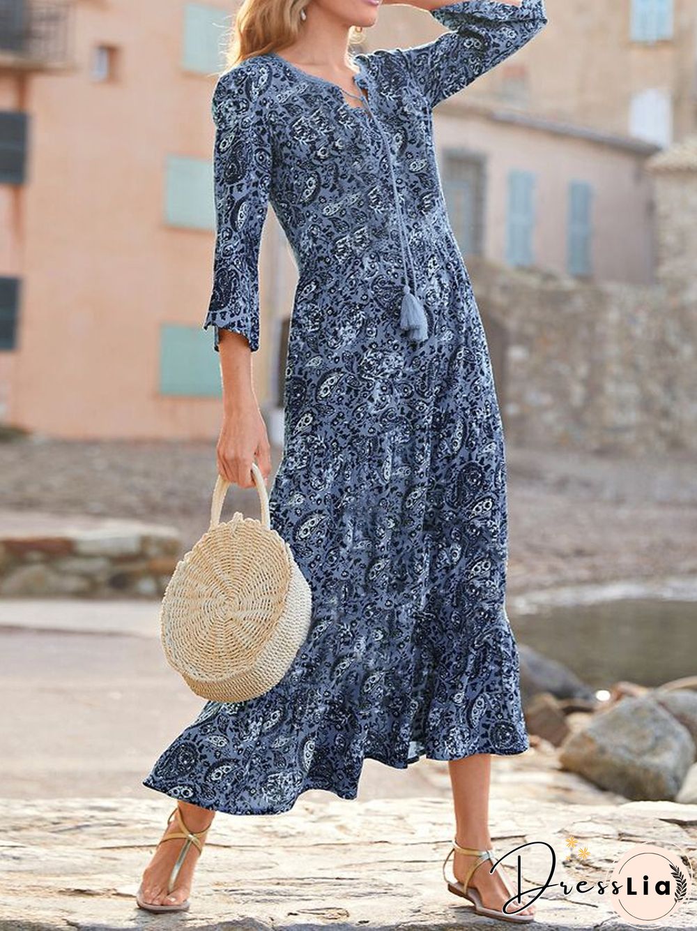 Casual Ethnic Autumn V neck Natural Micro-Elasticity Daily Long Regular Dresses for Women