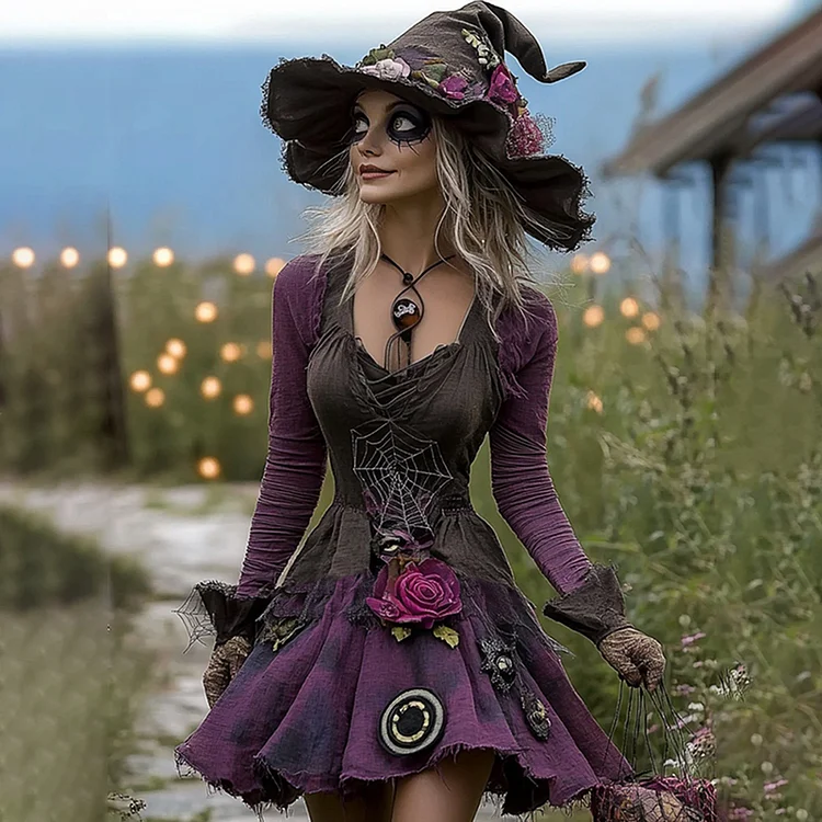 Women's Halloween Rose Spider Web Witch Cosplay Midi Dress