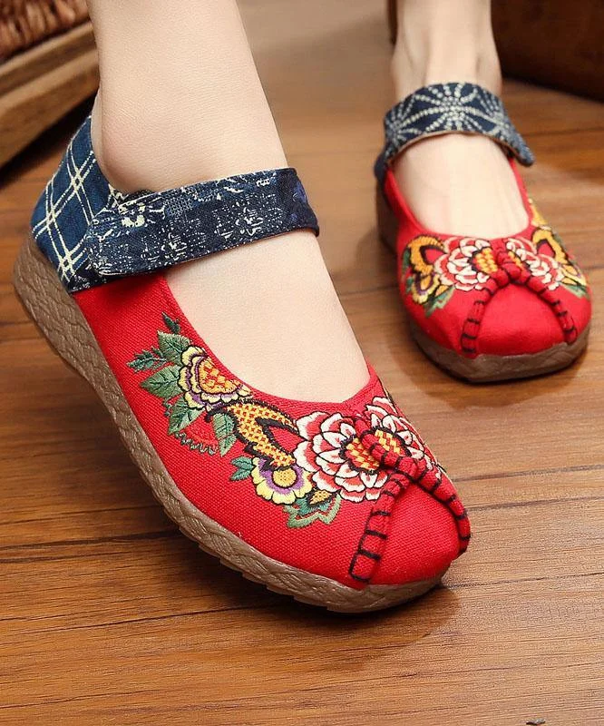 Red Cotton Embroideried Fabric Flat Shoes For Women Splicing Flats