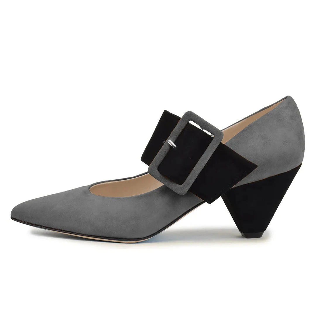 Faux Suede Pointed Elegant Buckle Strap Pencil Heel Pumps in Gray  