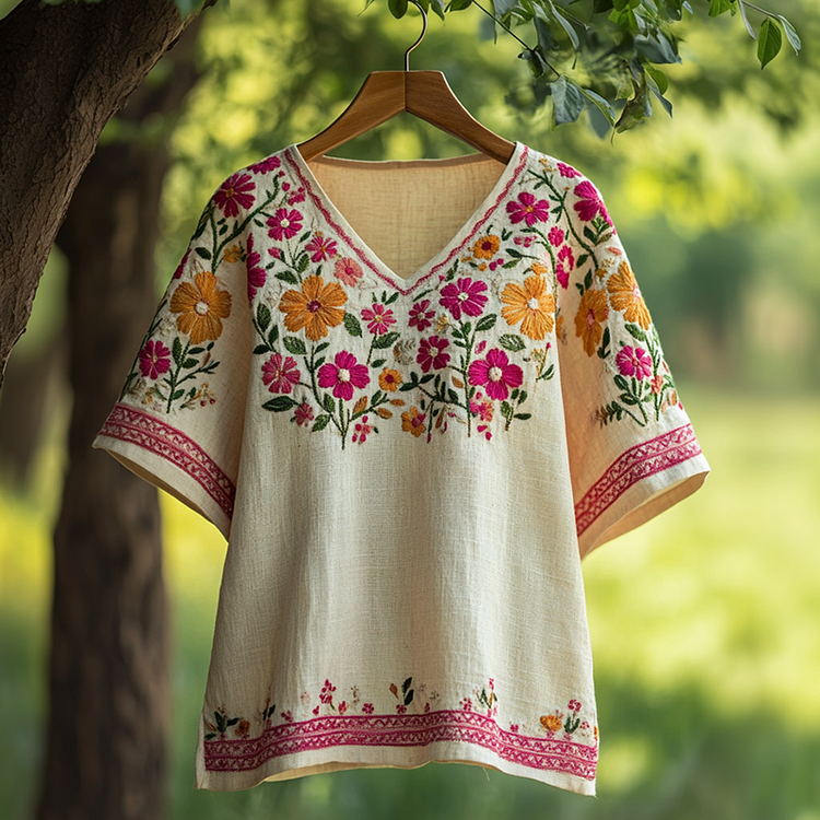 Utbros Women's Bohemian Vacation Floral V-neck T-shirt