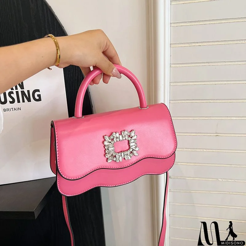 MidiSono - Women Fashion Solid Color Rhinestone Flap Bag With Wavy Edge PU Handle Crossbody Bag