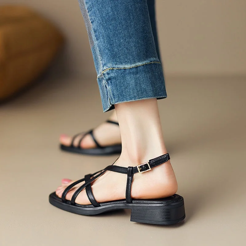 Women's Vintage Chunky Heels Square Toe Cross Strap Leather Sandals
