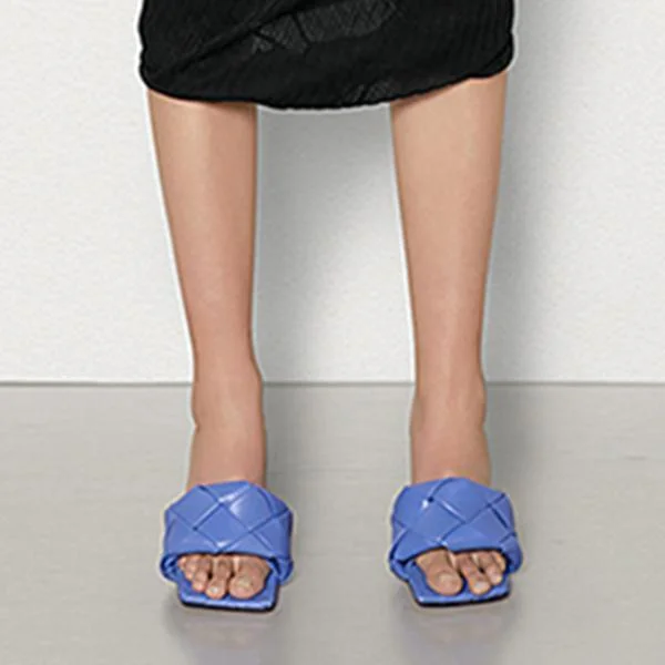 Square Open Toe Heeled Woven Leather Mule Slip On Quilted High Heels