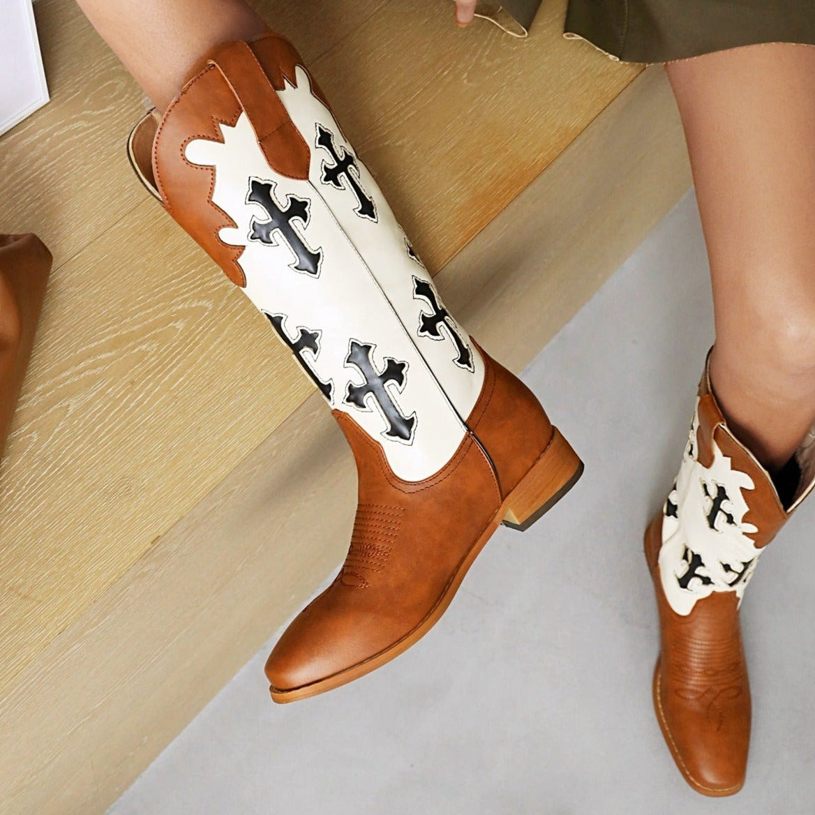 Cross print mid calf cowboy boots for women Brown white patch low heels western boots