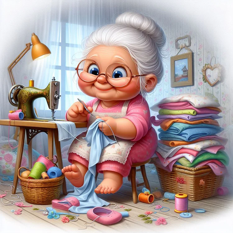 Full Round Diamond Painting - Old Lady With Sewing Machine 30*30CM