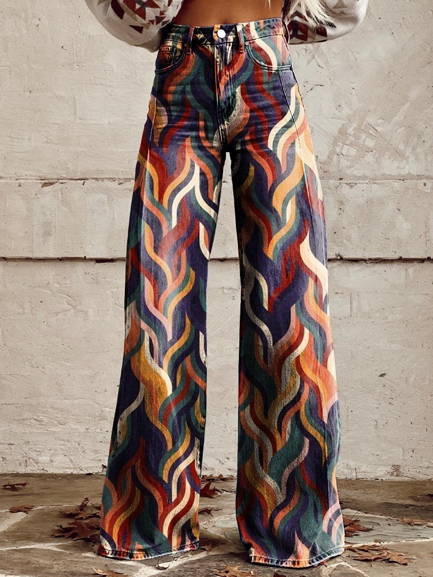 Women's Color Geometric Texture Print Casual Wide Leg Pants