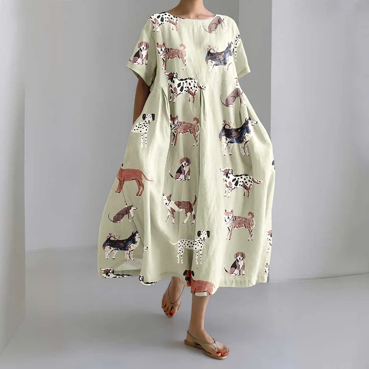 Retro Cozy Puppy Print Loose Midi Dress