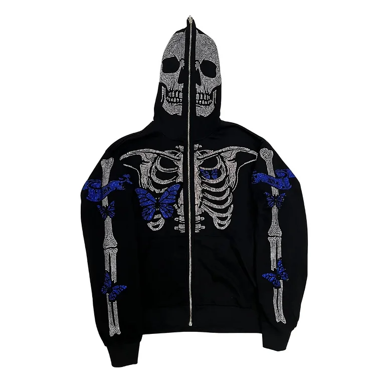Rhinestone Skeleton Butterfly Men's Streetwear Oversized Full Zip Up Hoodie-VESSFUL