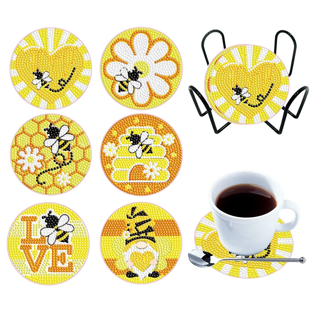 6pcs DIY Flower Bee Diamond Crafts Coasters with Holder Wooden DIY Coaster