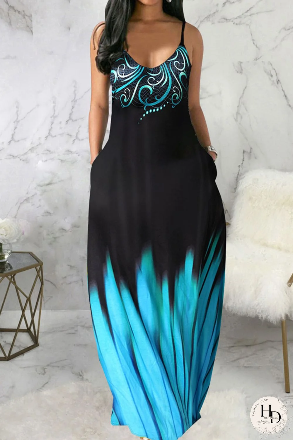 Blue Black Casual Print Patchwork Spaghetti Strap Sling Dress Dresses