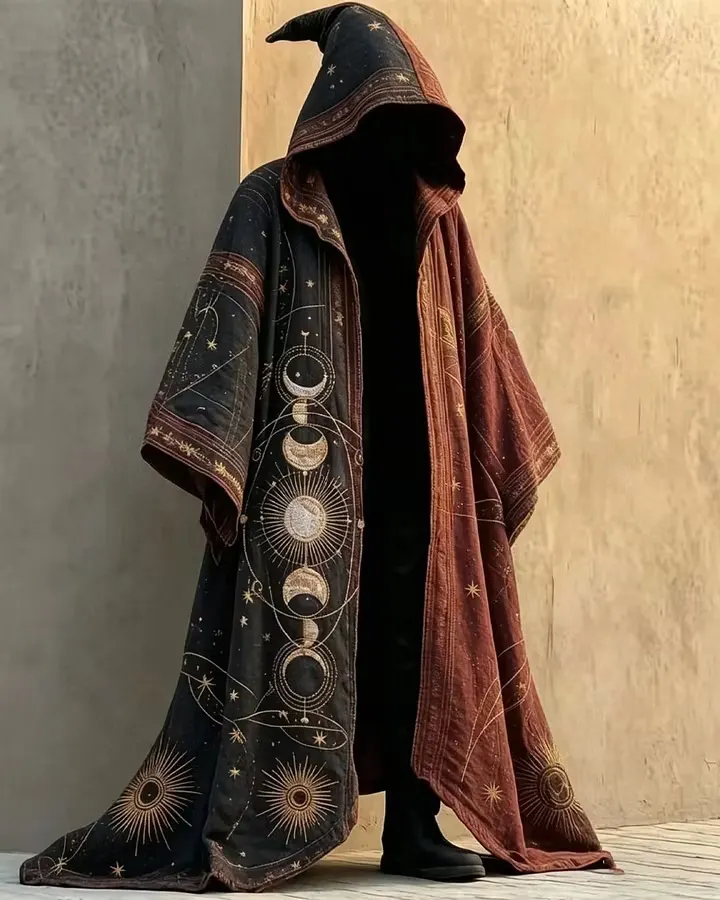 Men's Summer Fashion Star and Moon Print Linen Hooded Cape 1713