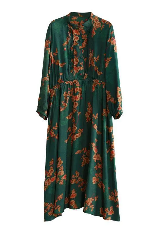 Bohemian stand collar Cinched quilting clothes Fabrics green print Kaftan Dresses