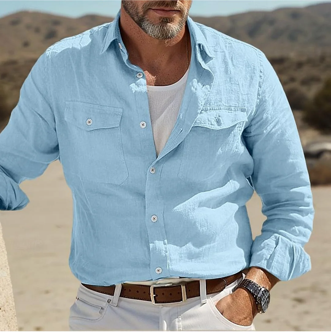Men's Casual Shirt with Double Chest Pocket Design