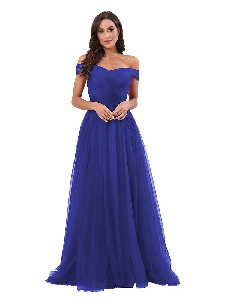 Congentium Women's Off-Shoulder Blue Sweep Train Long Wedding Dresses for Bride