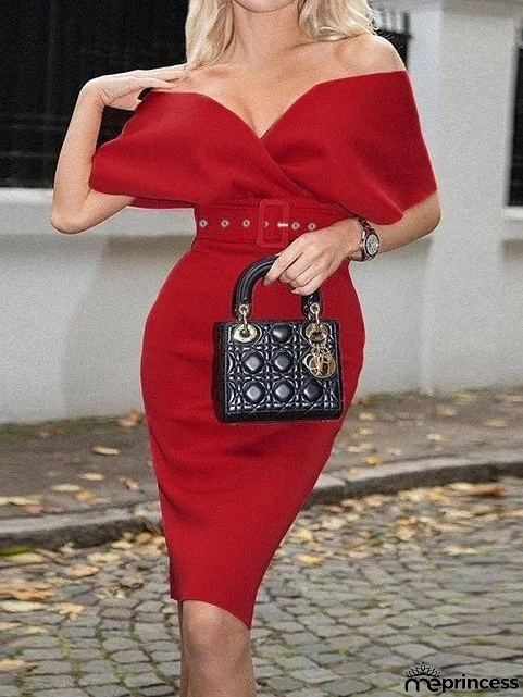 Women's Dresses One Word Collar Belt Bodycon Dresses