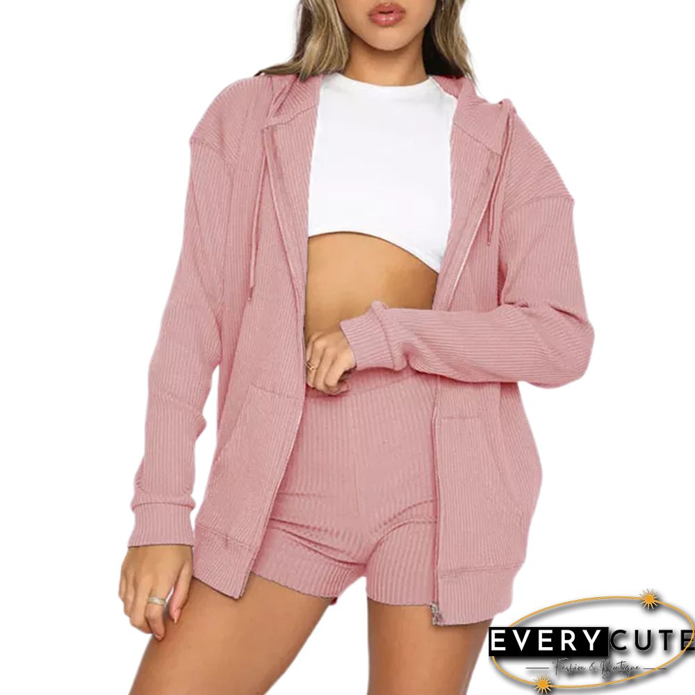 Pink Ribbed Zipper Hoodie with Shorts Lounge Set