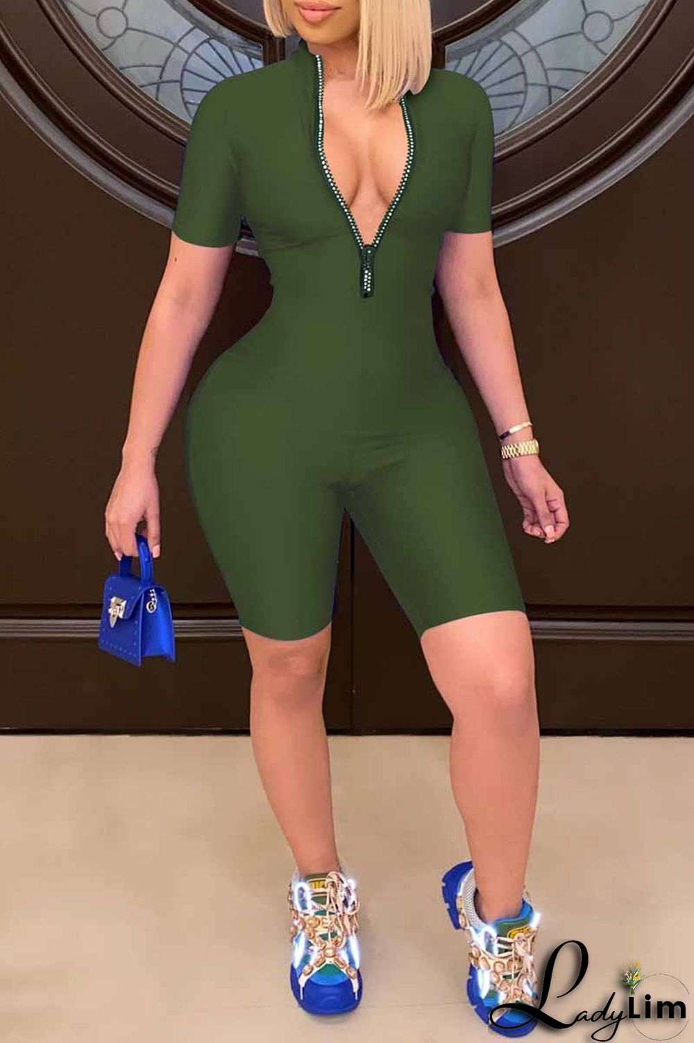 Royal Blue Fashion Casual Solid Basic Zipper Collar Skinny Romper