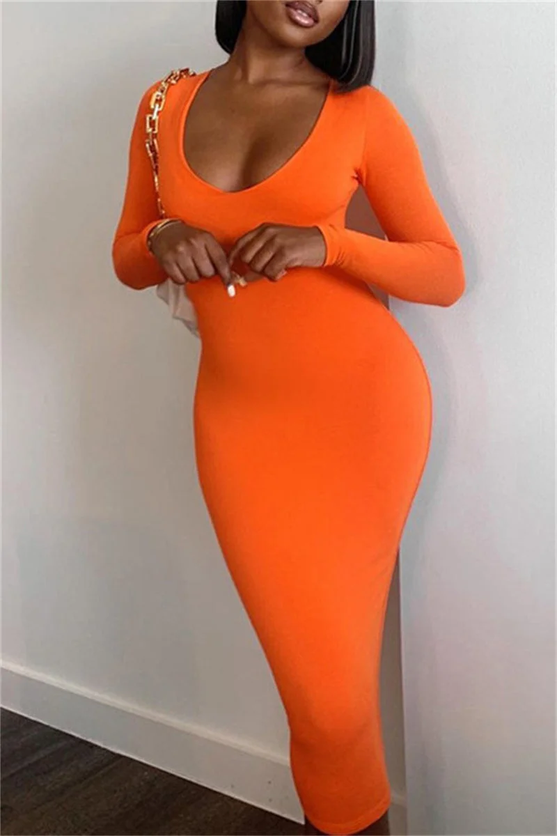 Sexy Casual Solid Basic O Neck Long Sleeve Dresses