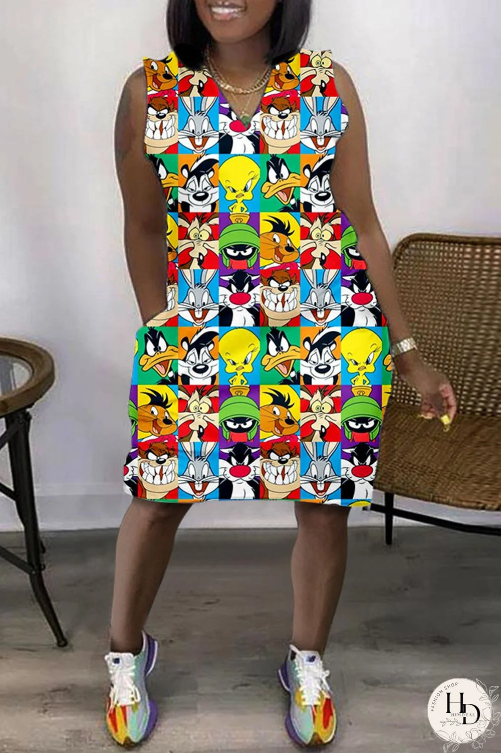 Colour Casual Print Basic V Neck Sleeveless Dress Dresses