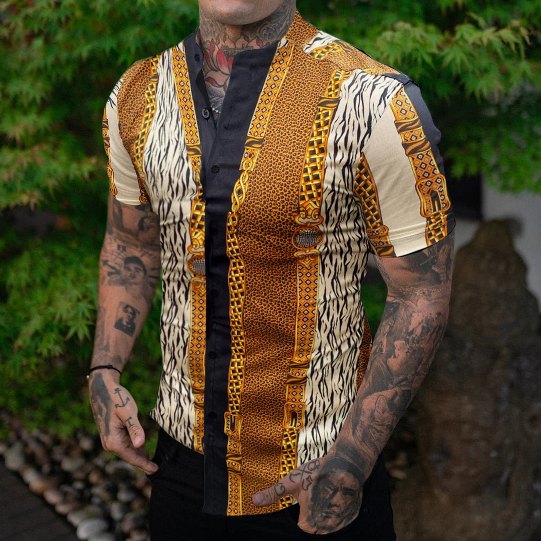 Men's Fashion Leopard Chain Print Short Sleeve Casual Shirt