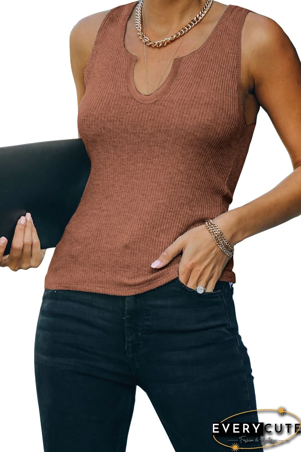 Brown Split Neck Ribbed Knit Tank Top