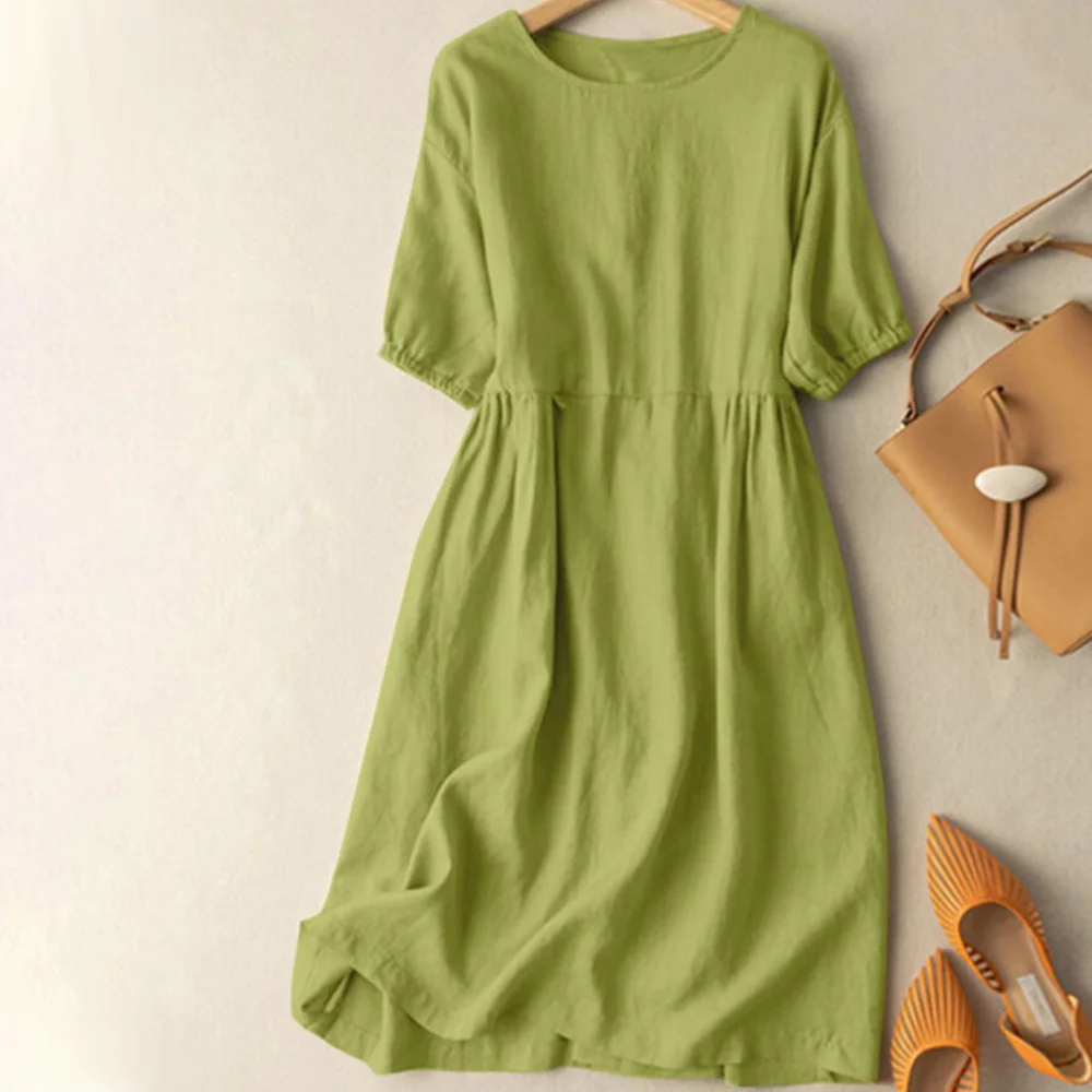 Smiledeer Summer slub cotton mid-length round neck short-sleeved dress for ladies