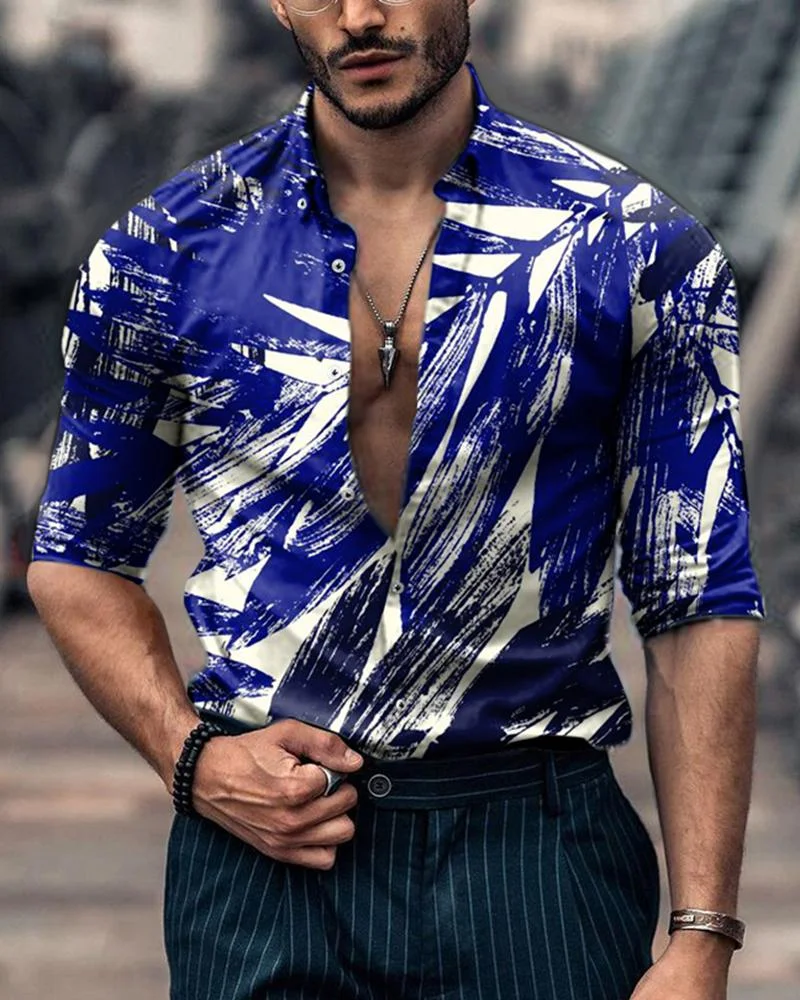 Men's Fashion Abstract Leaf Printing Long-Sleeved Shirt