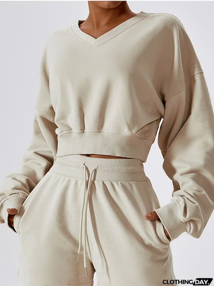 V-Neck Dropped Shoulder Sports Sweatshirt
