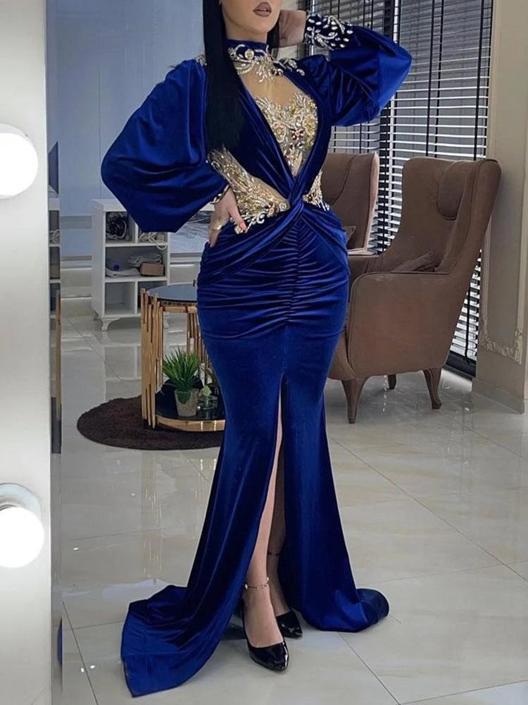 Zachics Vintage mermaid stand collar slit blue velvet embroidery sequins gown evening dress-zachics