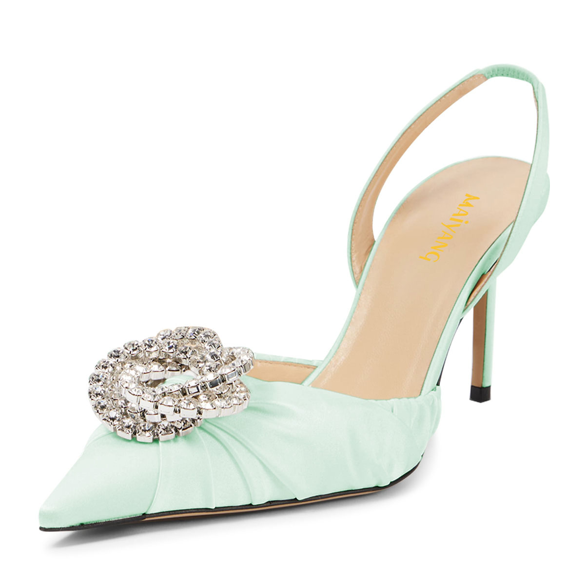 Light Green Satin Rhinestone Pointed Toe Stiletto Heel Slingback Shoes Nicepairs
