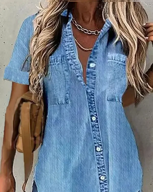 Casual Loose Solid Denim Blue short Sleeve Blouse