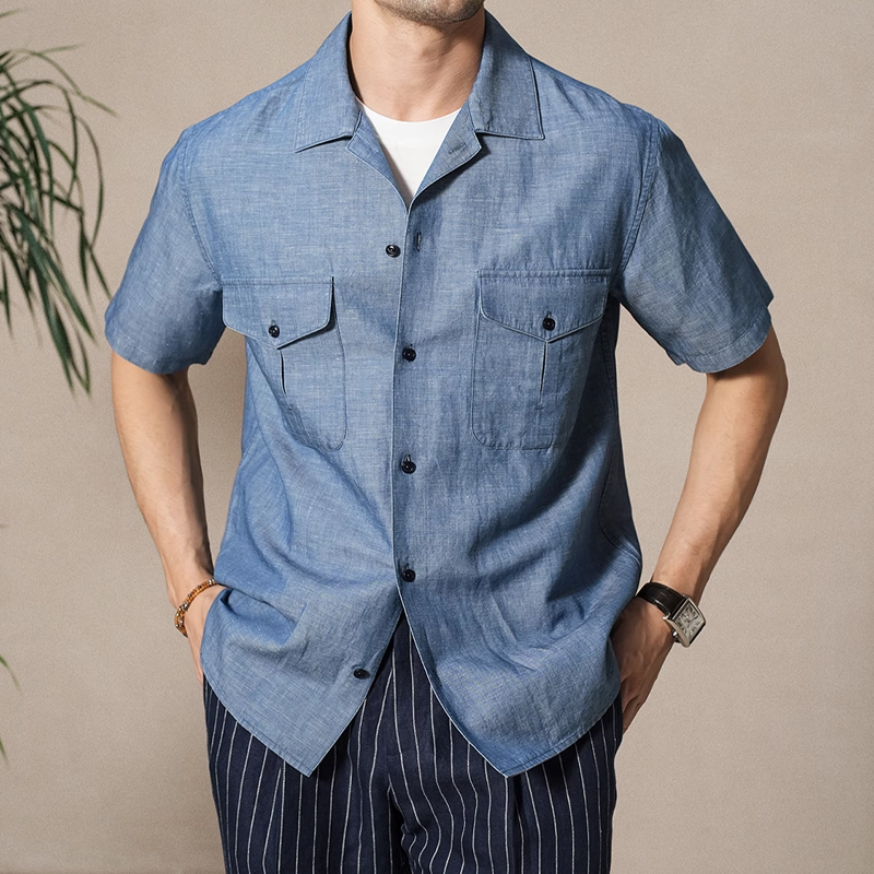 Men's Denim Linen Cuban Collar Short Sleeve Shirt