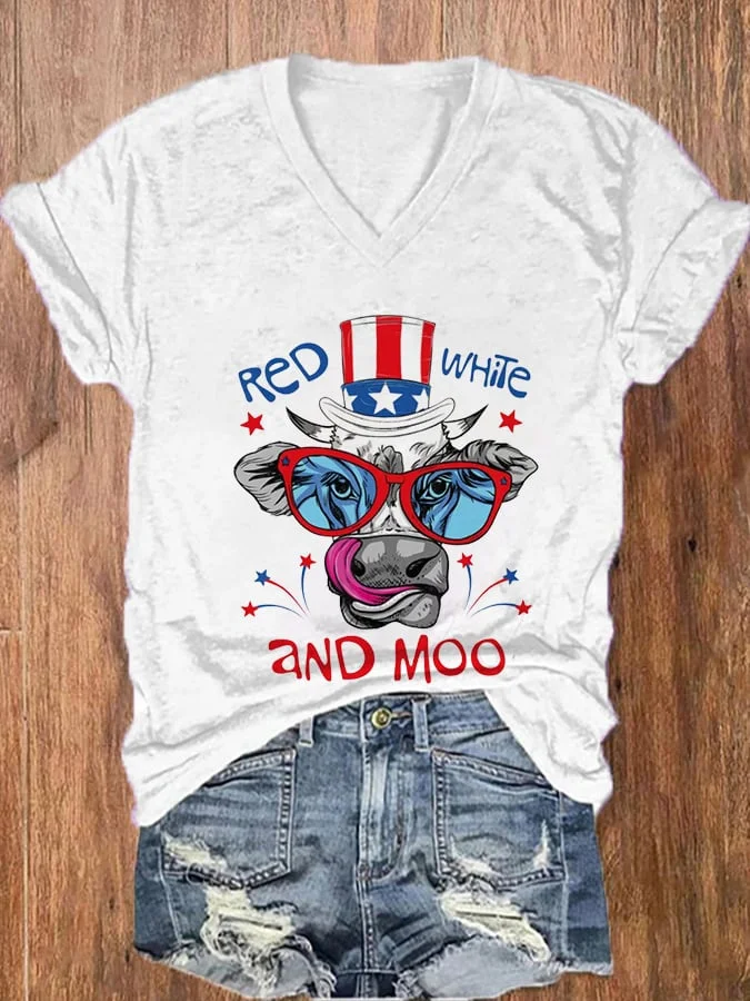 Women's Red White And Moo Funny Cow Print Casual T-Shirt