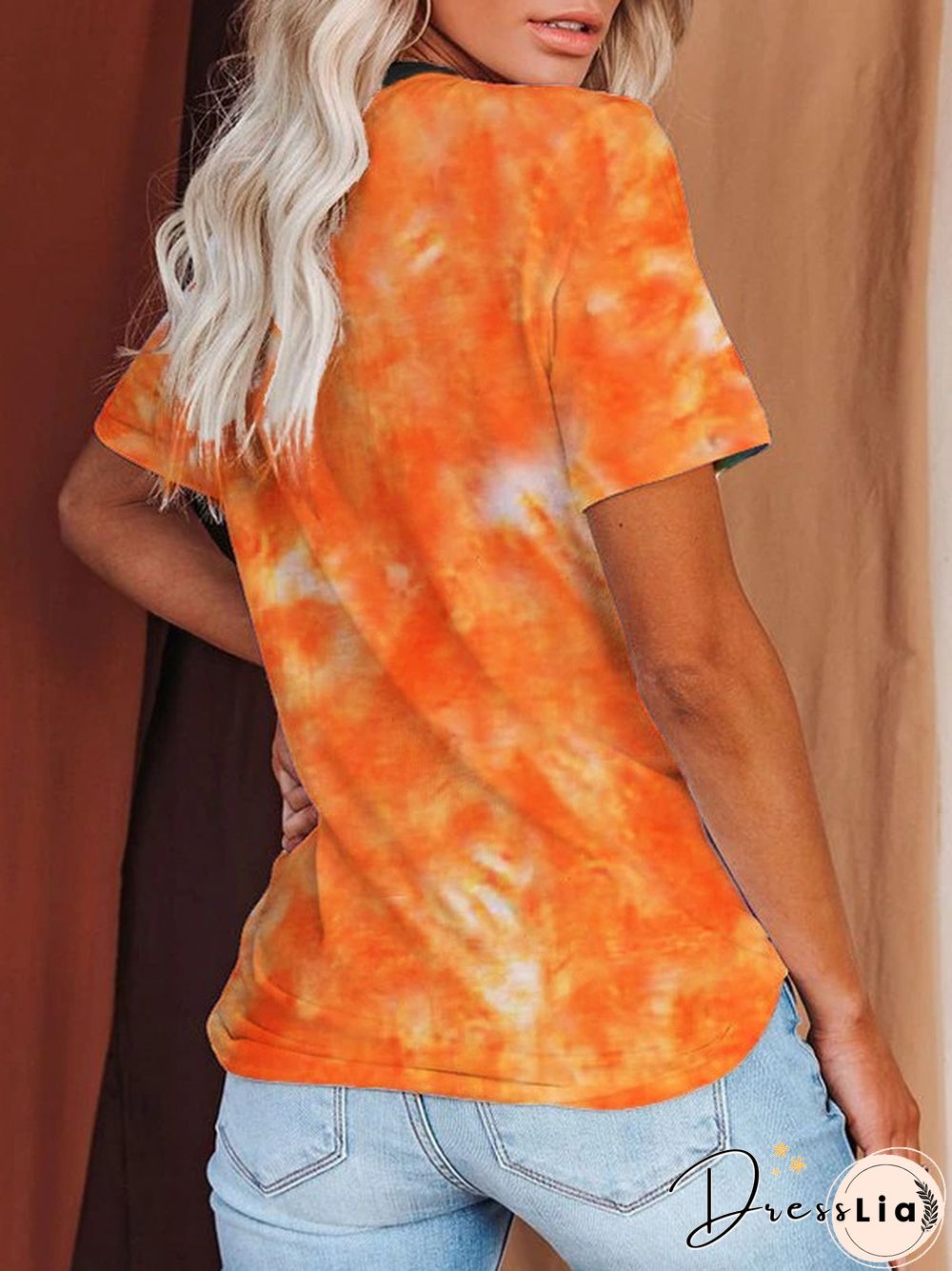 Women's Fashion Pumpkin Tie-Dye Printed Short Sleeve T-shirt