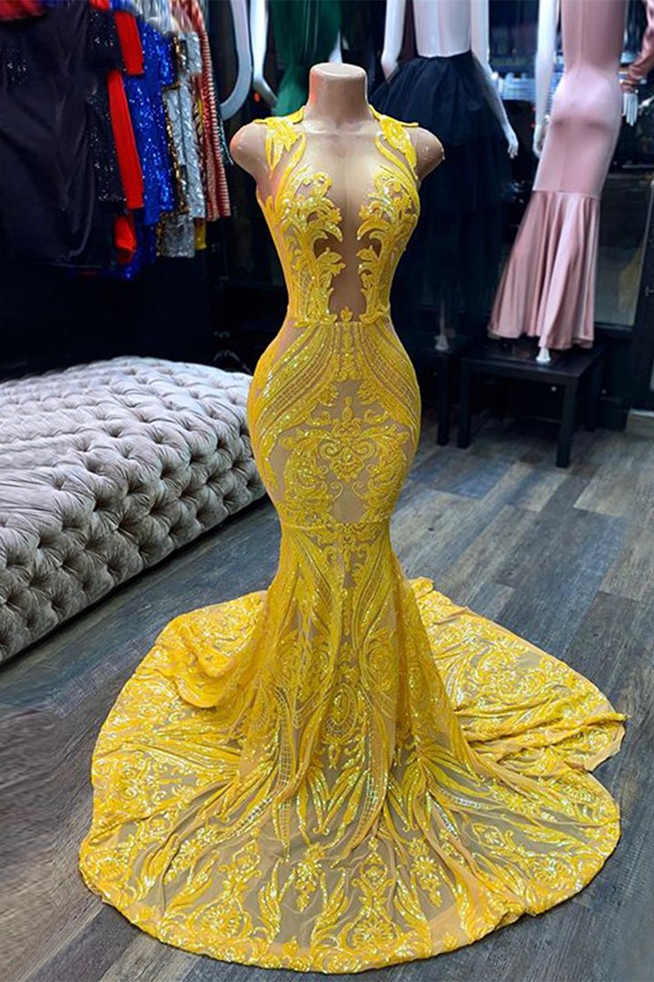 Oknass Mermaid Yellow Sequins Prom Dress Sleeveless