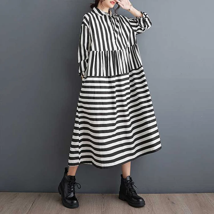 Casual Striped Polo Neck Midi Dress - yankia