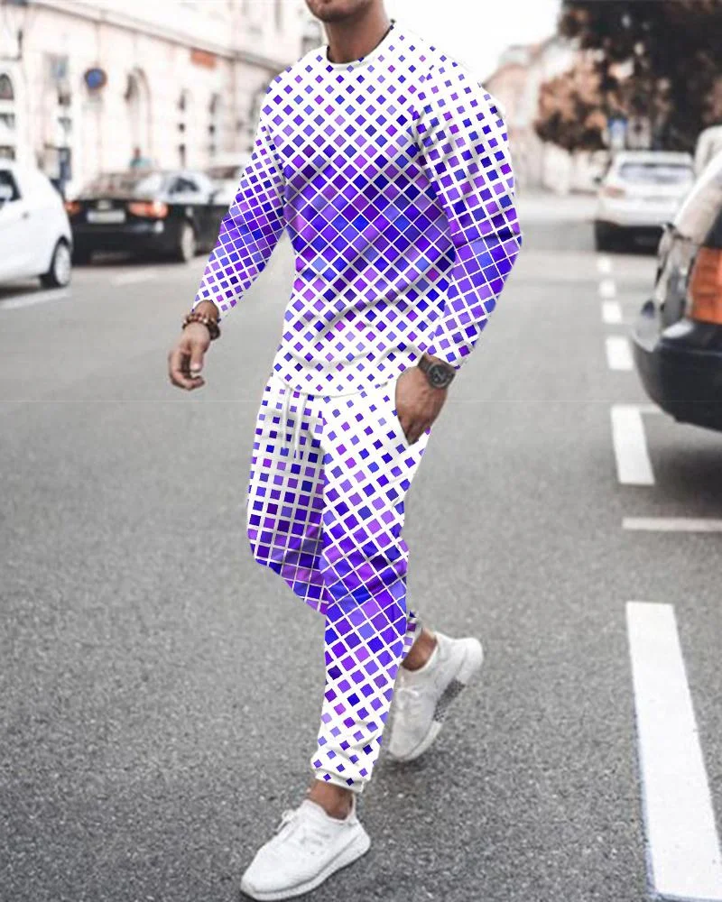 Men's Casual Purple Geometric Printing Long-sleeved Suit