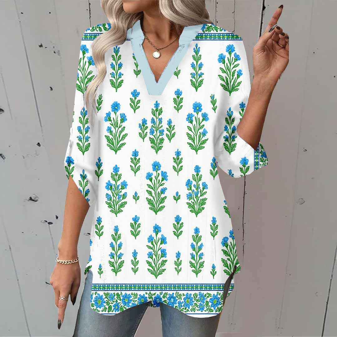 Women Floral, Leaves, Green, Blue DZGA0115 3/4 Sleeve V-neck Printed Graphic Button Tops