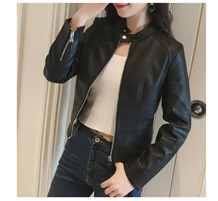 FTLZZ New Spring Faux Leather Jacket Women Slim Vintage Black Soft Motorcycle Short Jackets Lady Bomber Coat Outwear