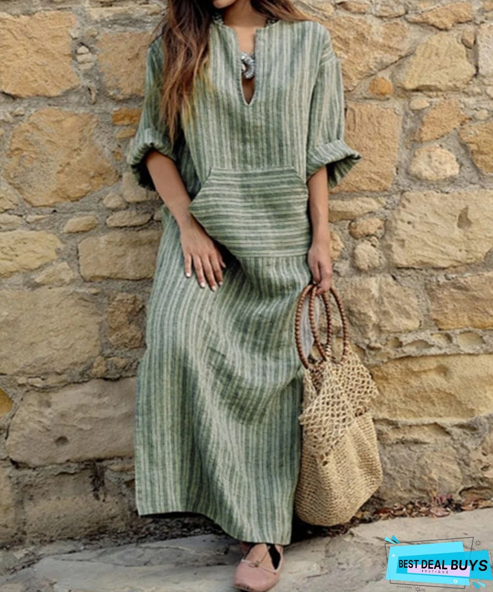 Cotton Linen Yarn Dyed Stripe Loose Long Dress